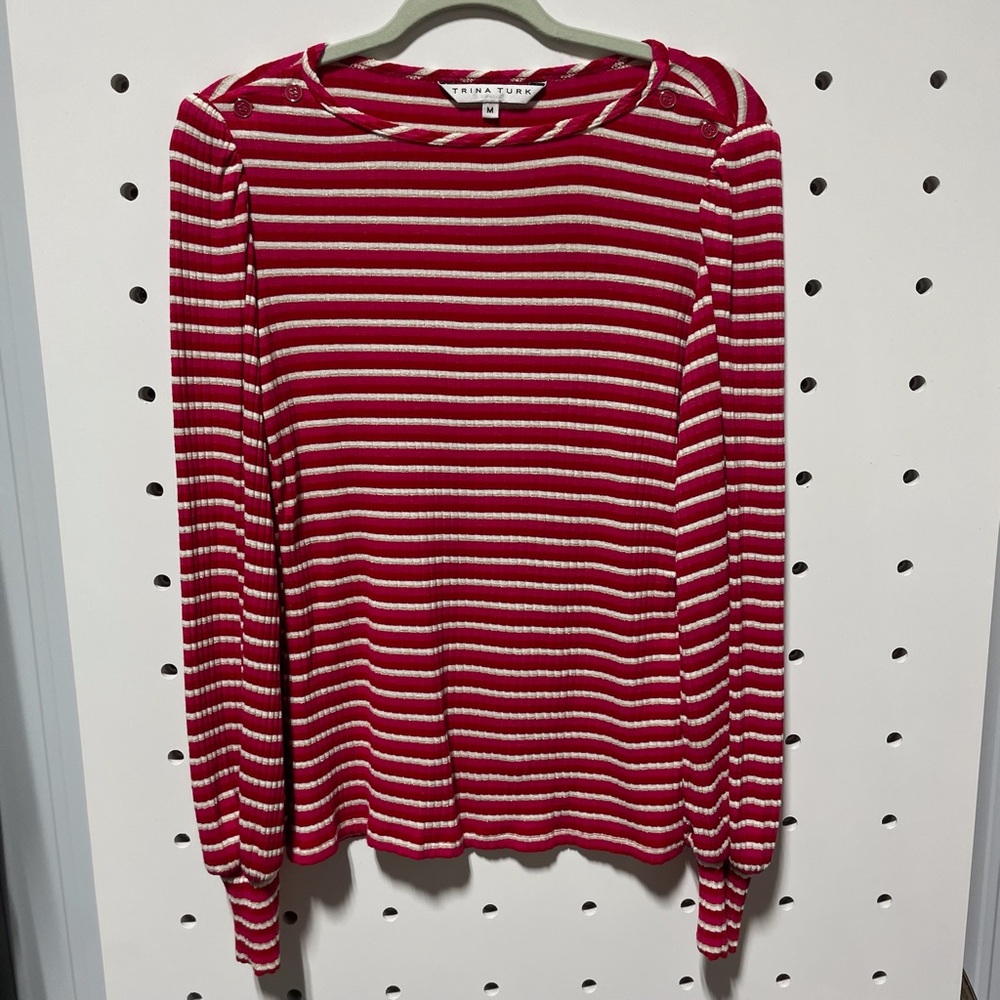 Trina Turk Red and White Striped Blouse Size M